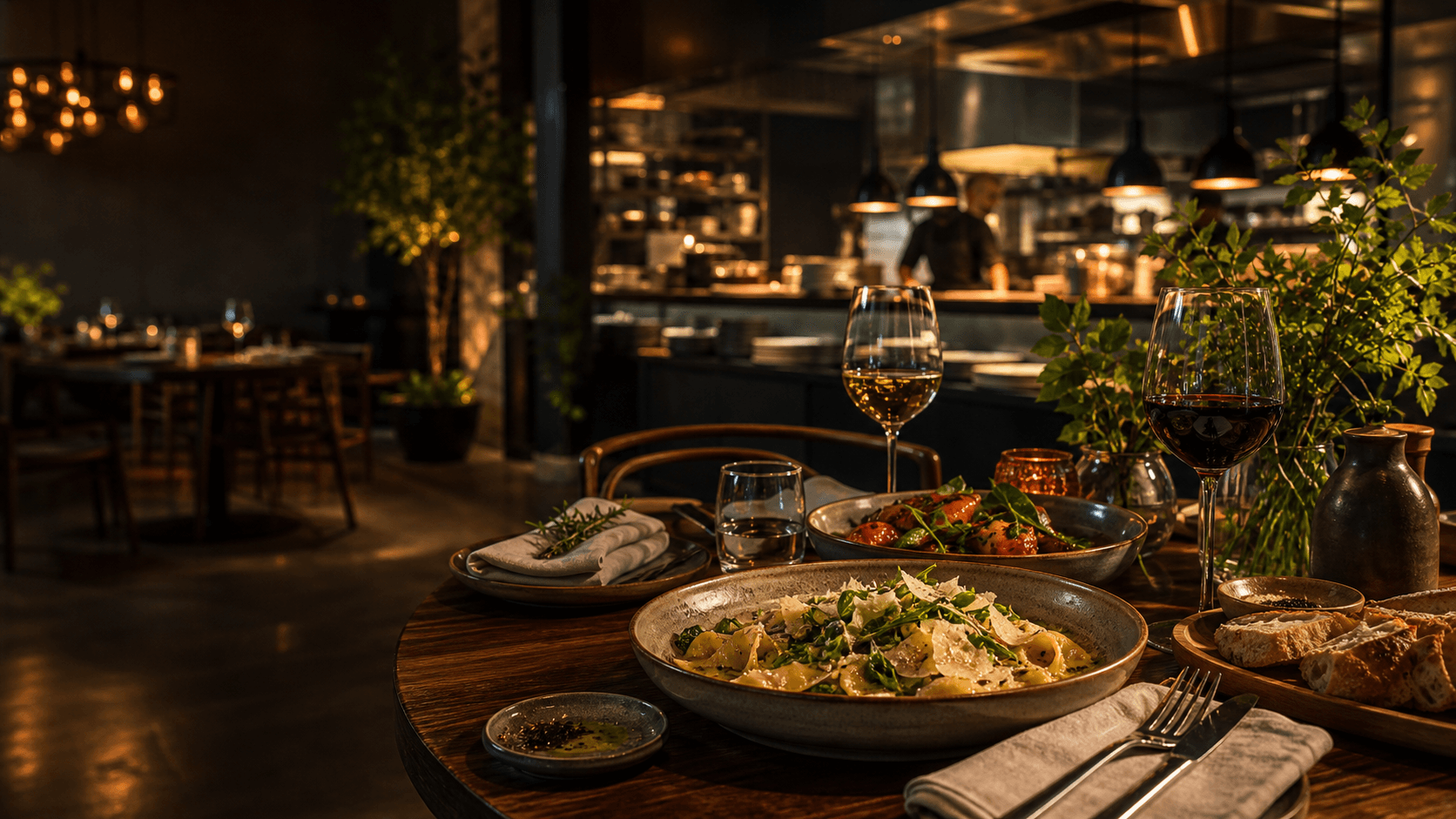 Makieta hero strony Canto Bistro z restauracyjnym stołem i ciepłym światłem
