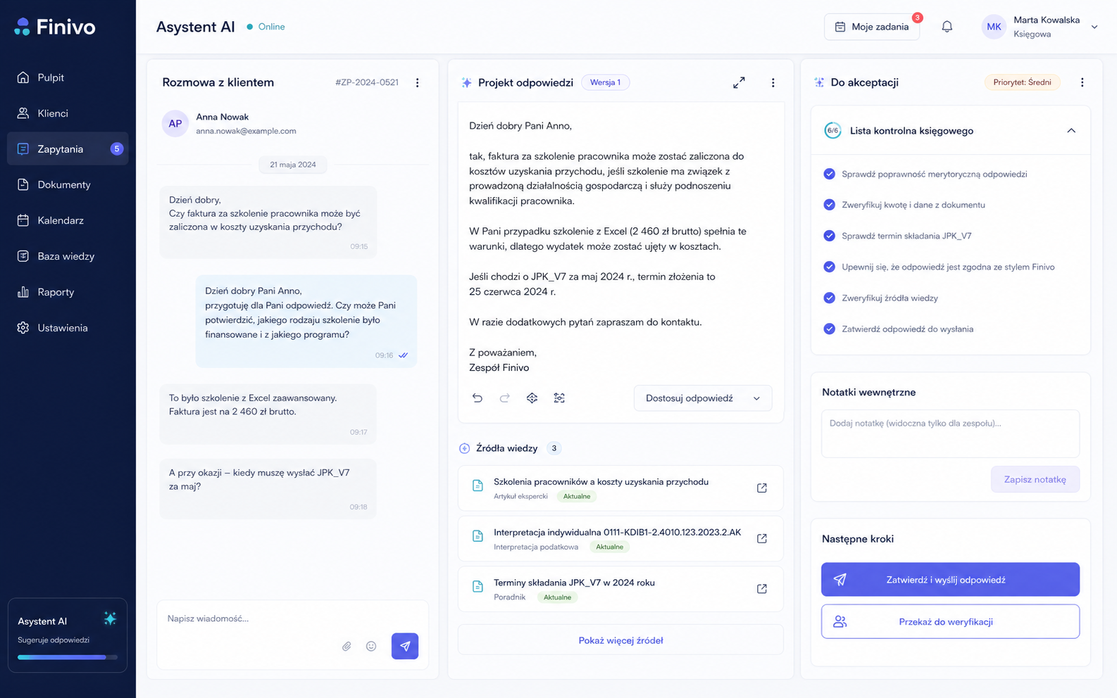 Rozmowa i projekt odpowiedzi - fikcyjny ekran interfejsu asystenta AI Finivo