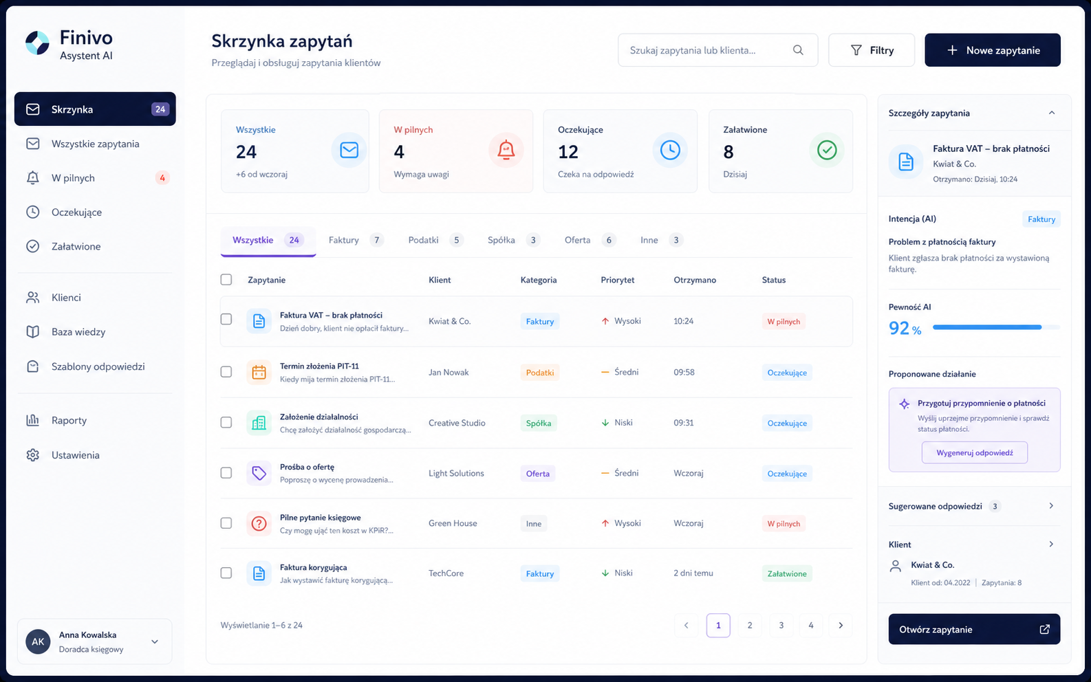 Skrzynka zapytań - fikcyjny ekran interfejsu asystenta AI Finivo